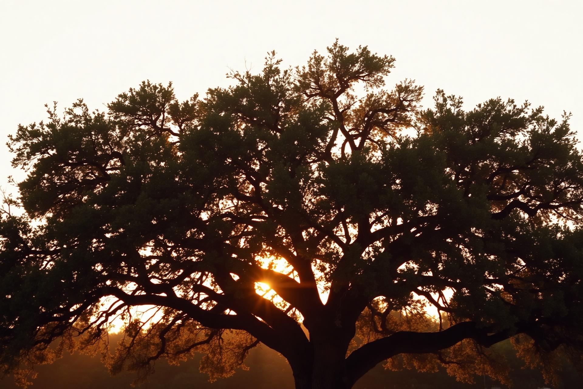 A mature live oak tree at golden hour in North Texas